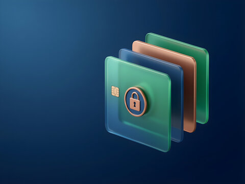 One secure digital wallet token passing through three clean verification layers for financial services, fintech and small-business campaign