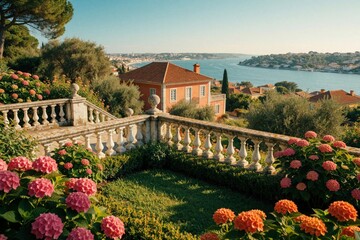 Fototapeta premium Elegant villa with flowering hydrangeas overlooks calm blue river and coastal town. Sunny day in Europe. Scenic historic estate garden with stone balustrade. Nice view.