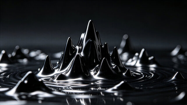 Spiky black ferrofluid liquid forms peaks under magnetic field influence