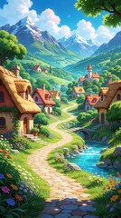 Obraz premium Scenic village pathway with cozy cottages, thatched roofs. Winding stone road leads through rich green hills toward snowy mountains. Bright summer day with blue sky, river flowing by stone bridge,