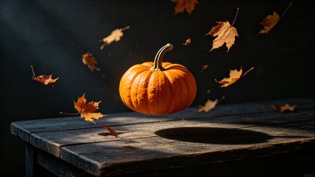 Levitating orange pumpkin with falling autumn leaves on wooden table