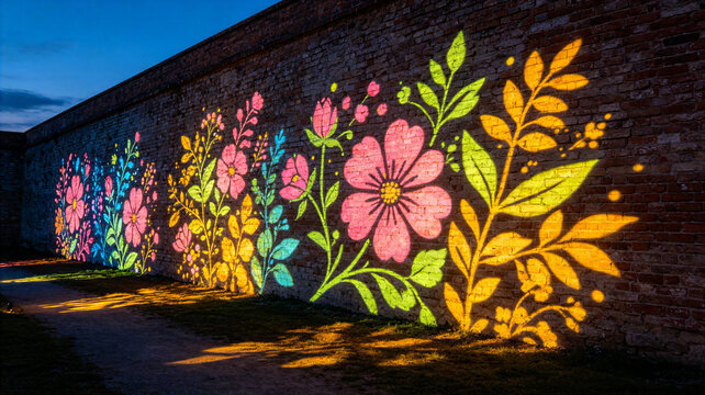 Colorful floral mural light projection on stone wall at night
