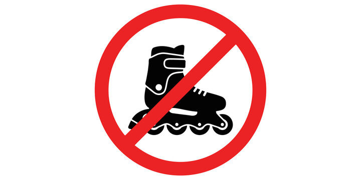 No rollerblading allowed sign with black inline skate icon and red ban circle for pedestrian zones.