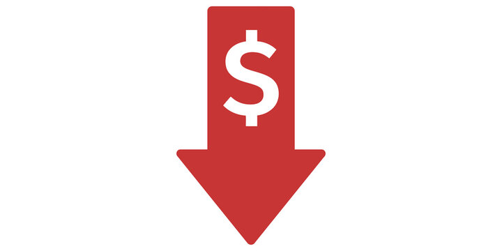 Red arrow pointing down with dollar sign symbol for financial concepts.