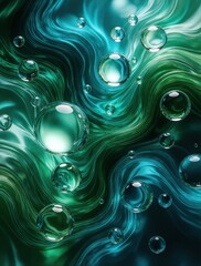 Naklejka na ściany i meble Emerald and teal abstract waves with floating clear water bubbles. Smooth glossy fluid motion creates a dynamic background for digital art and design.