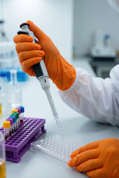 Scientist uses pipette for liquid transfer in lab microplate. Orange gloved hand works with test tubes and research equipment. Medical science, chemistry experiment, precision task.