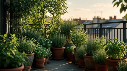 Fototapeta premium Urban balcony garden overflowing with green potted herbs and leafy plants. Pots sit on deck with city rooftops visible in background. Sunlight illuminates lush foliage, creating peaceful home oasis.
