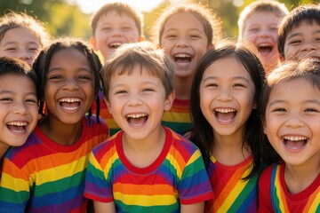 Obraz premium Children in colorful rainbow-striped t-shirts smile broadly, mouths open in laughter, arms raised spread wide, in bright outdoor daylight, fresh, cheerful, youthful, playful energy, diversity,