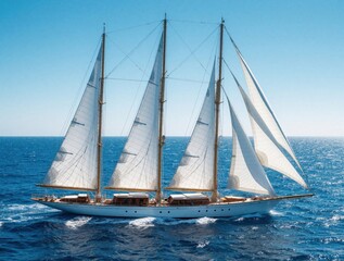 Fototapeta premium Classic tall ship sails on blue sea under clear sky. White canvas sails fill with wind, propelling ornate wooden vessel. Ocean waves crest around the hull.