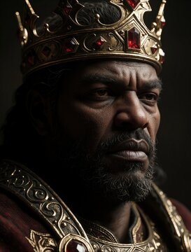 Regal man with beard wears golden crown adorned with red gems. Stern face lit by dramatic light, suggesting power, authority. Wears ornate robes with golden details. Portrait implies royalty,