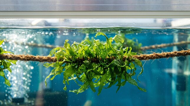 Green seaweed propagules growing in a clear seawater nursery tank