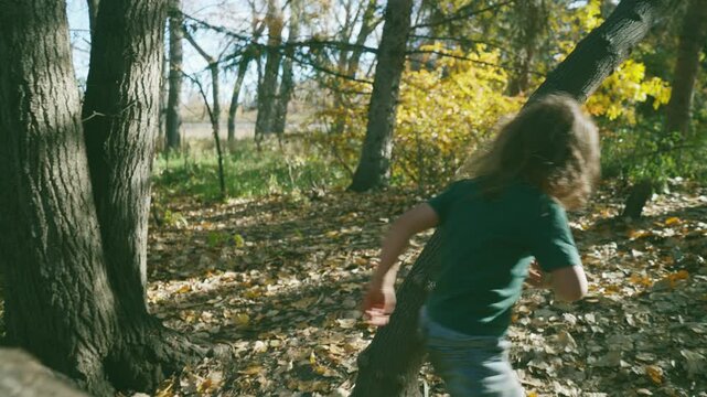 Young boy jumping off a fallen tree and running through autumn leaves from behind