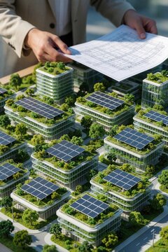 Architect examines blueprint above miniature eco city model. Person shows sustainable urban planning with green rooftop gardens, solar energy panels on buildings. Small scale smart city design