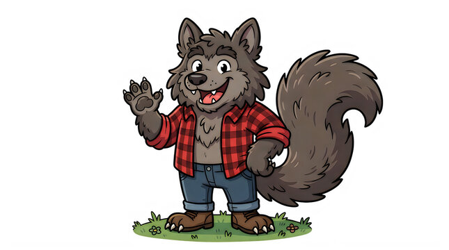 Friendly cartoon wolf wearing a red plaid shirt and blue jeans waving hello, cute anthropomorphic character mascot, fun hairy wild animal design illustration isolated PNG with Transparent Background