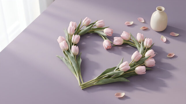 Beautiful pink tulips arranged in a heart shape on a soft purple table with a small vase