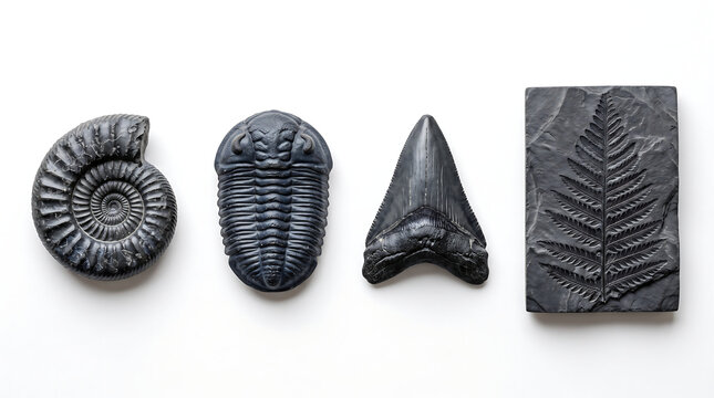 Set of ancient prehistoric fossils isolated on white