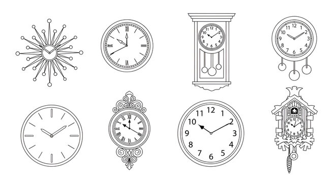 Set of Line Art Sketches of Modern and Vintage Wall Clocks on White Background