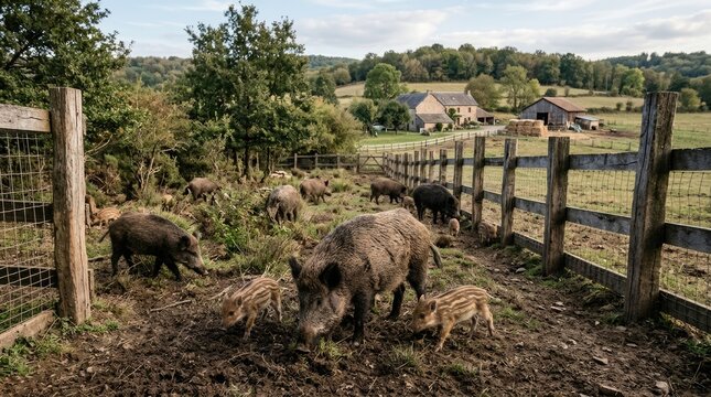 Wild Boar Family with Piglets Roaming in Rustic Countryside Farm Enclosure