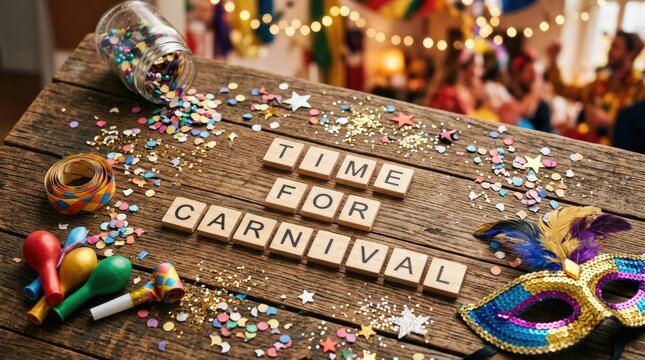 Colorful Carnival Party Decorations with Confetti Mask Balloons and Celebration Message