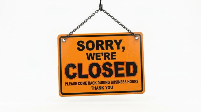 Orange Sorry We Are Closed Business Sign Hanging on Chain Against White Background