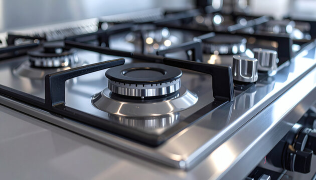 Gas stove top with stainless steel finish and black heavy duty iron burners in a modern luxury kitchen interior setting