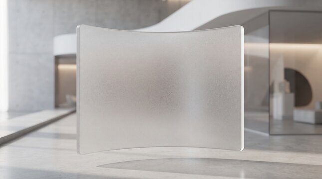 A 3D rendered blank white rectangle floats in a modern interior space. The rectangle has a subtle gradient and a slight curve to its form, suggesting a digital display or a placeholder for content.