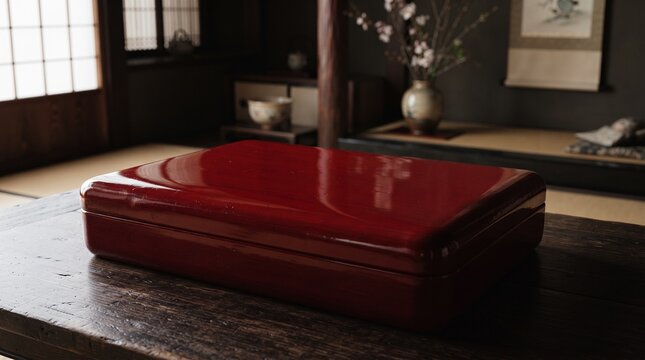 A glossy red lacquered box sits on a dark wooden table inside a traditional Japanese room