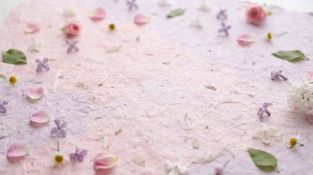Delicate pastel background with scattered rose petals and small blossoms. Soft pink, lavender, and cream hues create a dreamy and romantic aesthetic