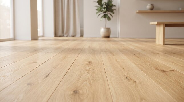A close-up shot of a light oak wooden floor with a soft focus background showing a minimalist interior design with a plant and shelving