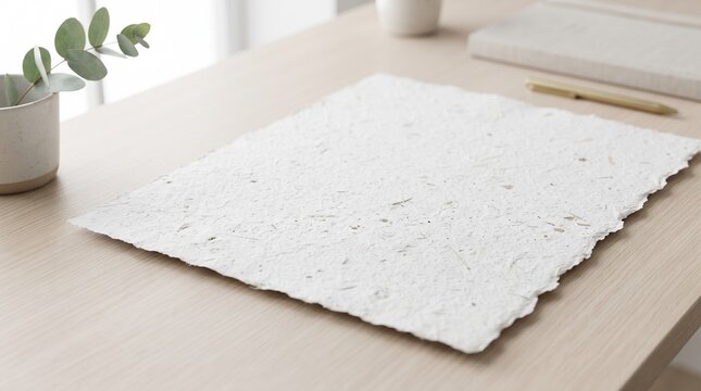 A handmade paper sheet lies on a wooden table next to a notebook and pen, with a small potted plant in the background