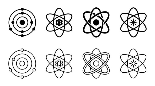 Set of eight black atom and molecule with orbital paths and nucleus symbols on a white background science