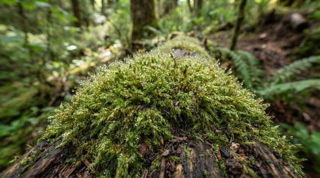 Close-up of moss growing on a fallen log in a lush forest. The vibrant green moss covers the textured bark of the log, with ferns and trees blurred in the background.