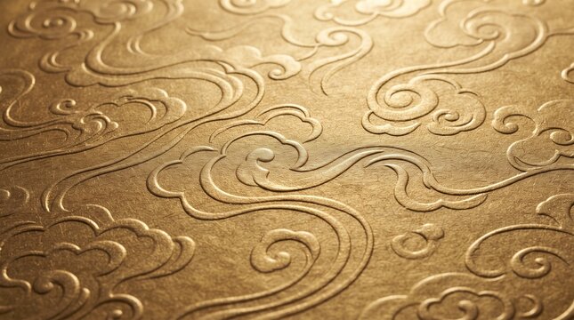 An intricate embossed pattern of swirling clouds in a golden hue, suggesting traditional artistry or luxury