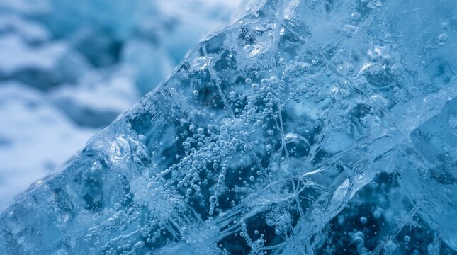 A close-up of frozen water with air bubbles trapped inside, creating a beautiful, crystalline texture. The ice is a deep blue hue, suggesting a cold, natural environment.