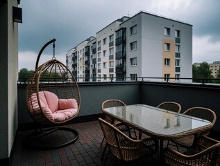 Fototapeta premium Modern apartment terrace with outdoor furniture. Wicker egg chair with pink cushion, glass dining table with four chairs sit on balcony. Large residential building, city cityscape in background under