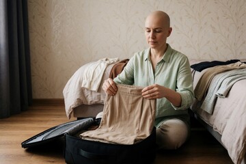 Fototapeta premium Bald woman packs clothes for hospital stay after cancer treatment. Preparing for medical care, she folds clothing into a suitcase with calm organization and quiet strength.