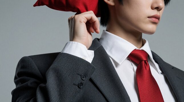 Person in suit holds red cloth over mouth. Studio portrait shows business person covering face, conveying message of silence, secrecy, suppression. Gestures imply hidden truths restricted speech.