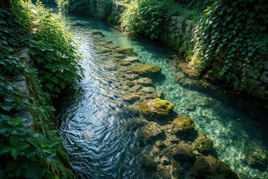 Clear mountain stream flows through Samobor pedestrian walkway. Green plants, mossy stones line calm turquoise canal. Sunlight reflects on water surface near old stone walls, forest. Peaceful rural