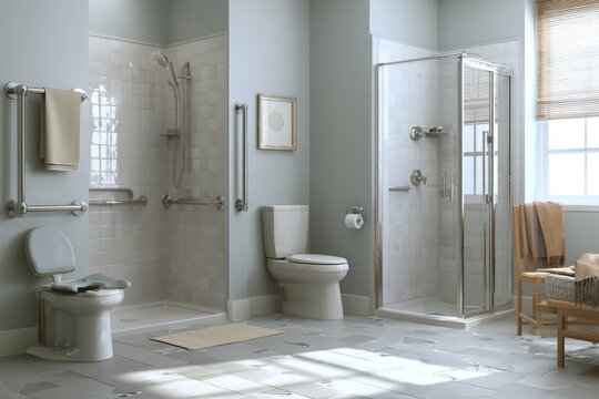 Accessible bathroom with grab bars, fold-down shower seat, and walk-in shower