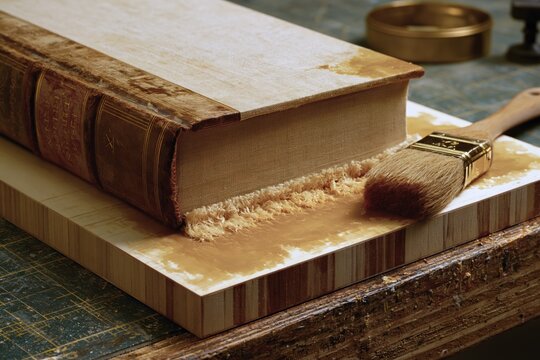 Bookbinding Bench with Repaired Cloth Spine and Glue Brush