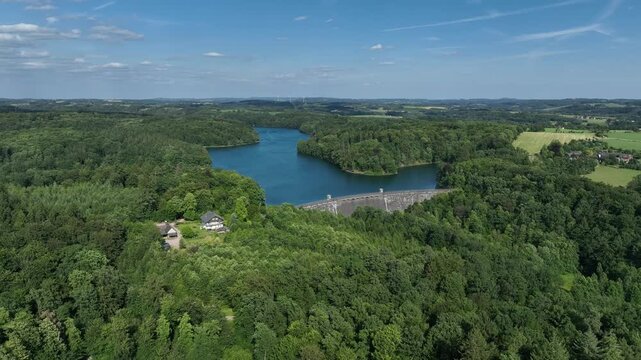 Aerial view of the Neye Reservoir, city of Wipperf&uuml;rth, village of Neye, Oberbergischer Kreis, North Rhine-Westphalia, Germany.
