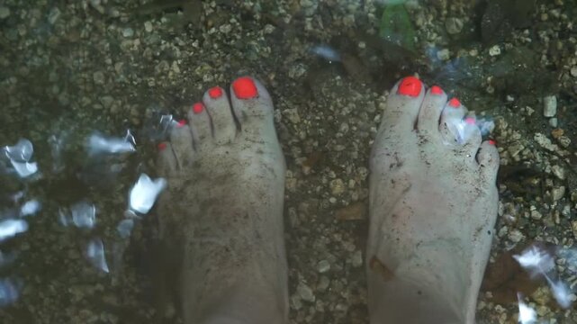 Top view of a woman's feet with bright orange toenails submerged in a clear shallow stream as tiny fish nibble and clean her skin during a natural fish spa pedicure treatment.