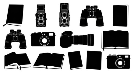 Fototapeta premium Silhouette Collection of Travel Essentials including Cameras, Binoculars, and Guidebooks