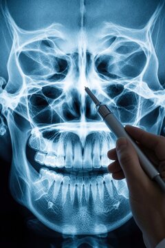 Doctor uses tool on skull x-ray showing sinus cavities and teeth. Medical pro checks facial bones for injury or disease. Diagnosis of head trauma.