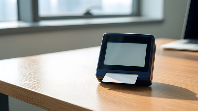 Generic compact card reader with a blank inactive screen for financial services, fintech and small-business campaign