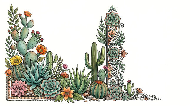 Watercolor desert cactus corner border with blooming succulents and botanical elements