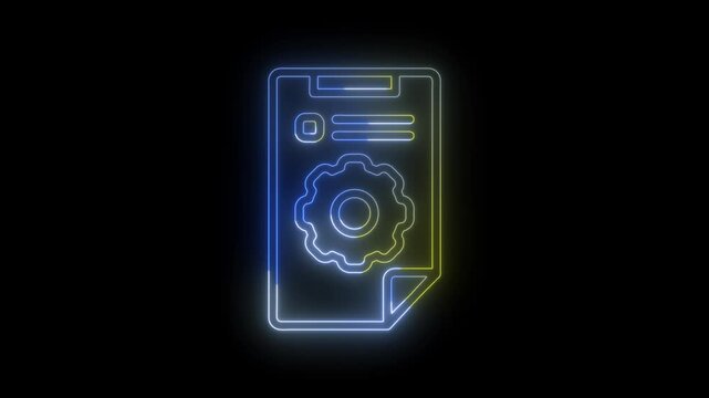 Glowing neon document icon featuring a gear and interface elements on a dark background. Suitable for settings, configuration, document management, system administration, software, technology, and dig