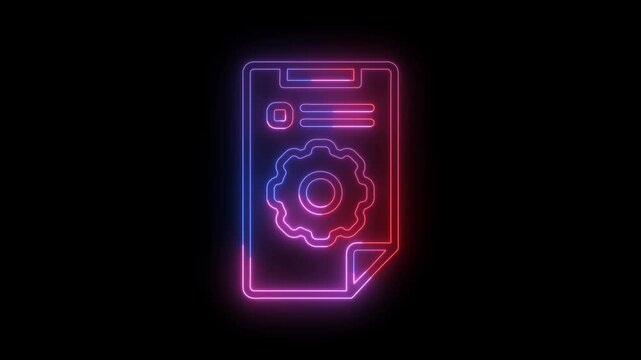 Glowing neon document icon featuring a gear and interface elements on a dark background. Suitable for settings, configuration, document management, system administration, software, technology, and dig