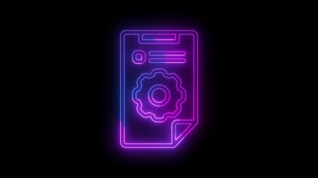 Glowing neon document icon featuring a gear and interface elements on a dark background. Suitable for settings, configuration, document management, system administration, software, technology, and dig