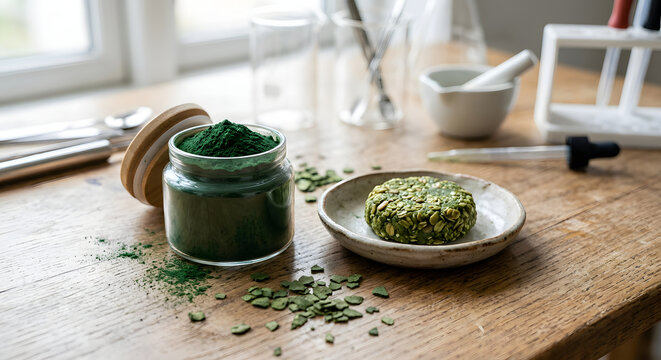 Nat&uuml;rliches gr&uuml;nes Farbpulver aus Spirulina